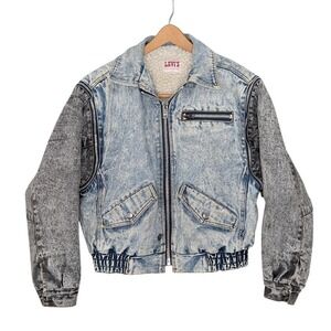 Levis Acid Wash Sherpa Trucker Jacket Zip Off Sleeves Womens Large 1980s Vintage